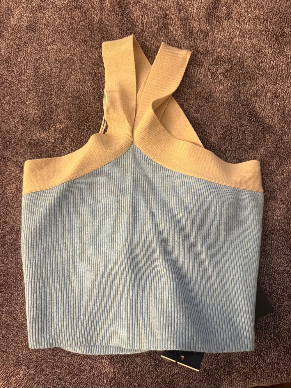 JLUXLABEL Two-Tone Ribbed Halter in Light Blue and Beige